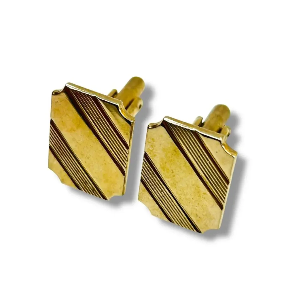 Goldtone Cufflinks Rectangular Diagonal Etched Stripe Pair Cuff Links